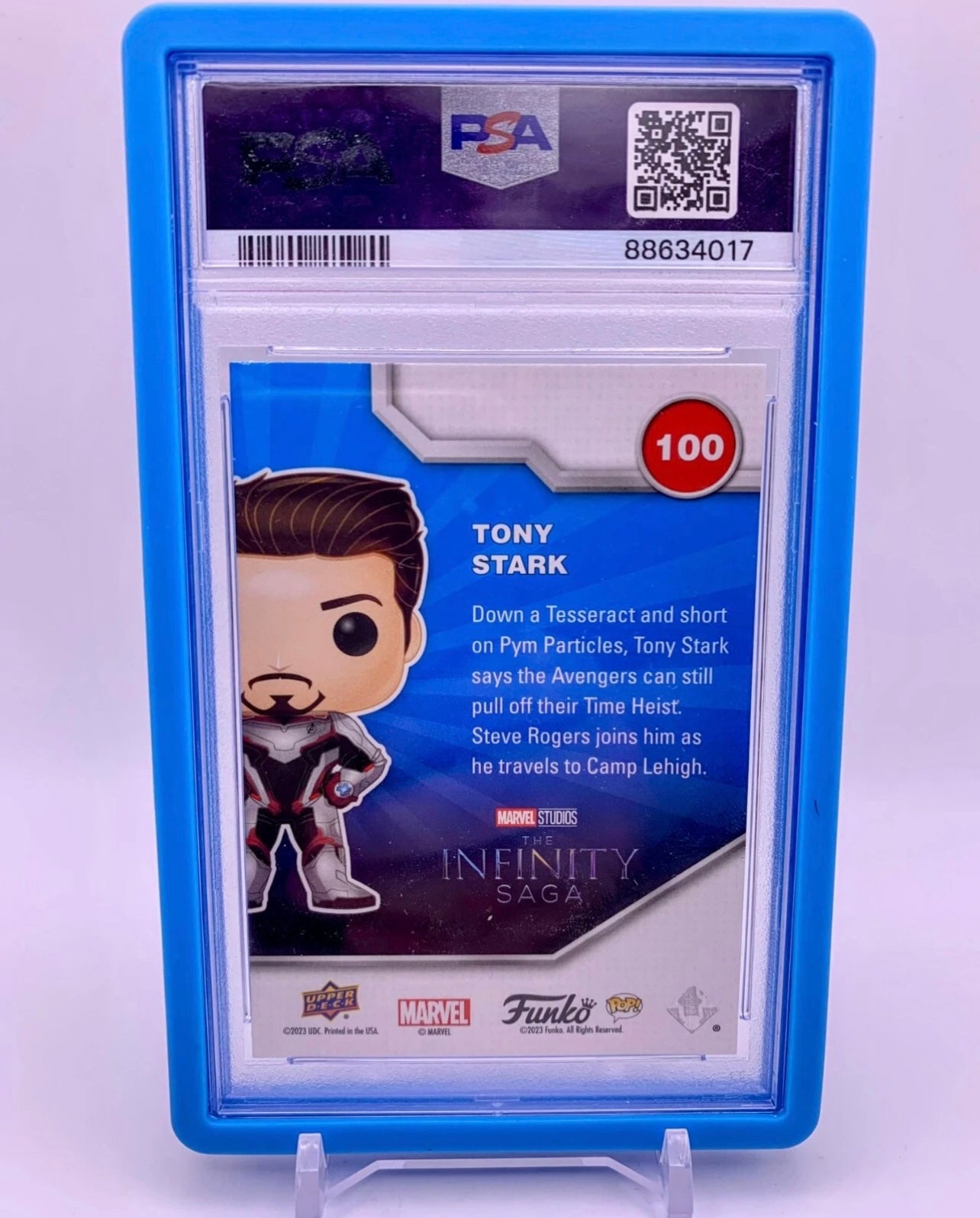 PSA 9 - Tony Stark Blue Facsimile Signature #100 - 2023 Upper Deck - Funko Infinity Saga