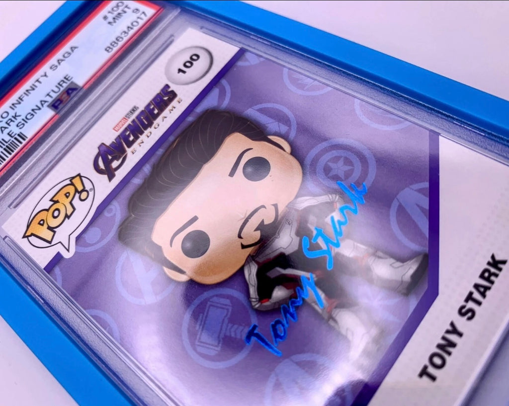 PSA 9 - Tony Stark Blue Facsimile Signature #100 - 2023 Upper Deck - Funko Infinity Saga