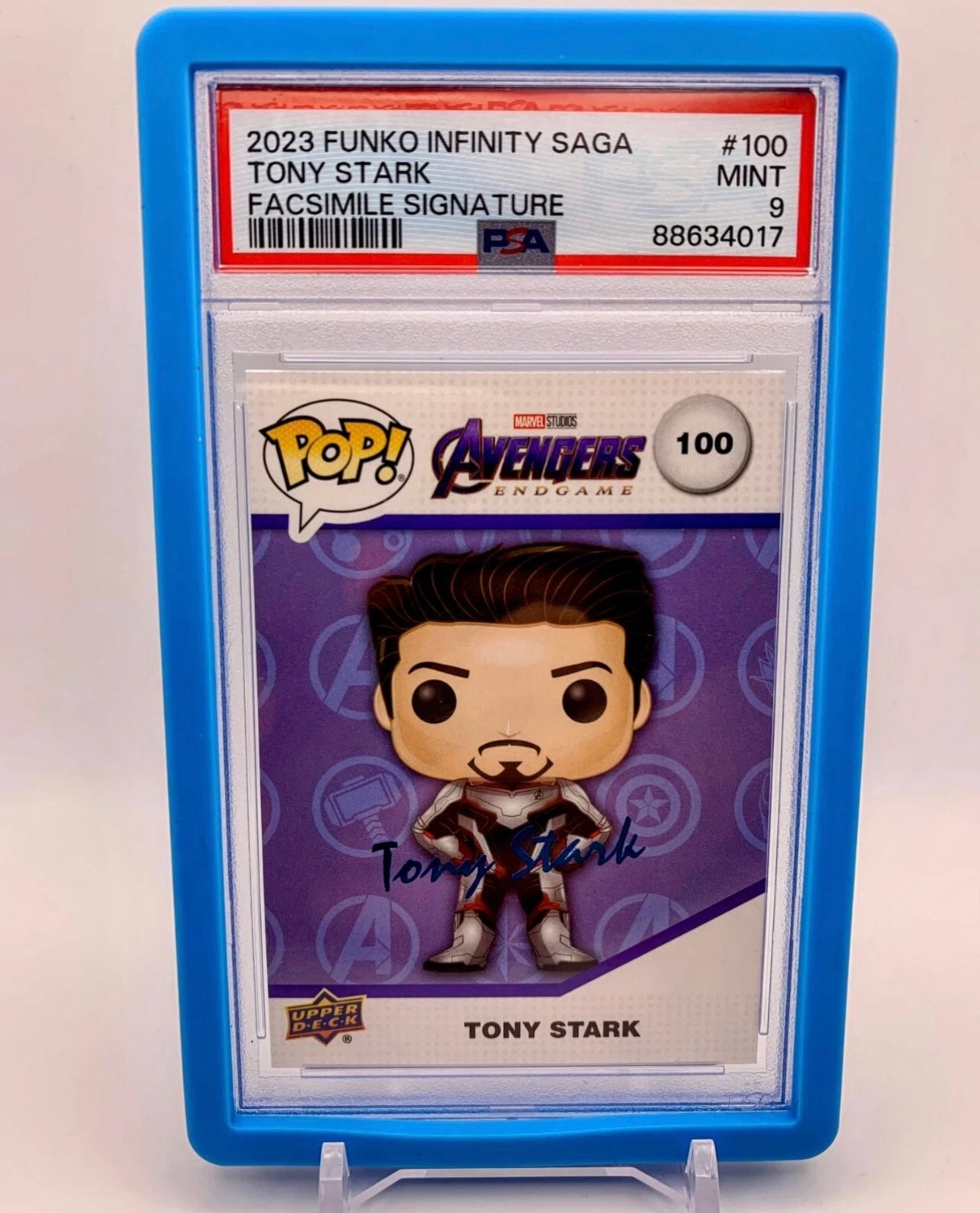 PSA 9 - Tony Stark Blue Facsimile Signature #100 - 2023 Upper Deck - Funko Infinity Saga